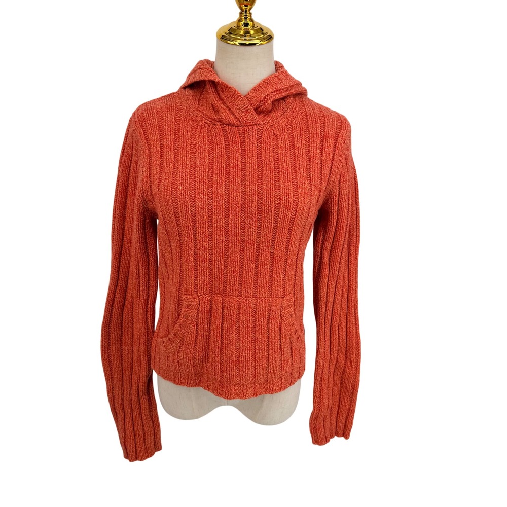 Abercrombie Knit Hoodie S Orange Ribbed Pullover Sweater Pocket 100% Lambswool